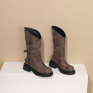 Western Boots with Metal Studs and Chunky Mid Heel