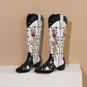 Western Boots for Women Embroidered Pointed Toe Chunky Mid Heel High Shaft