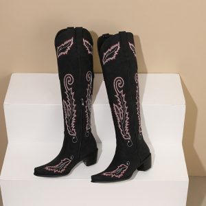 Embroidered Western Boots for Women - PU Upper, Rubber Sole, Mid Chunky Heel