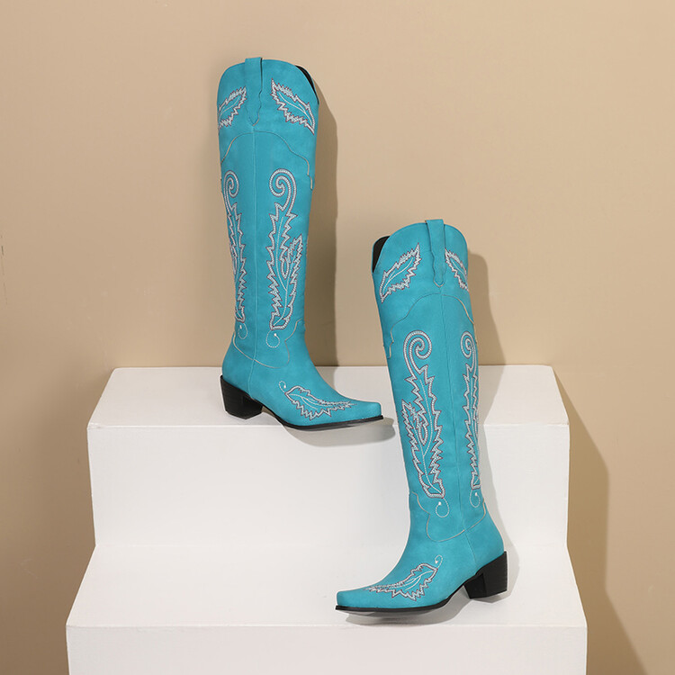 Embroidered Western Boots for Women - PU Upper, Rubber Sole, Mid Chunky Heel - Image 4