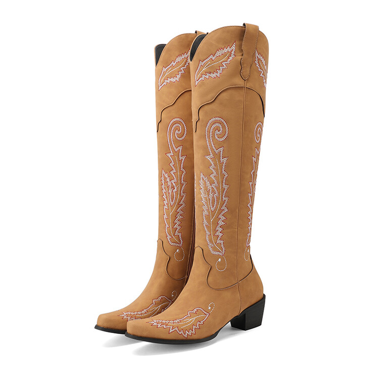 Embroidered Western Boots for Women - PU Upper, Rubber Sole, Mid Chunky Heel - Image 5