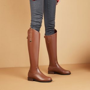 Military Style Knee High Riding Boots with Buckle and Rivet Details
