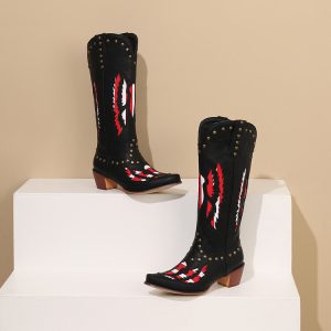 Western Boots with Embroidered Pointed Toe and Chunky Mid Heel