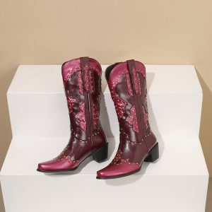 Women's Embroidered Western Boots - PU Mid-Calf Chunky Heel