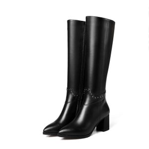 Women's High Shaft Pointed Toe Chunky Heel Boots with Rivets