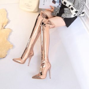 Women's Metallic Pointed Toe High Heel Knee High Boots