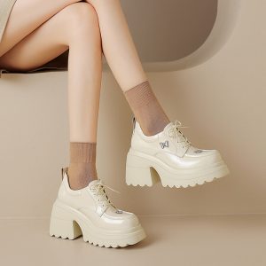 Women's Patent Leather Platform Rocker Shoes Chunky High Heel Lace-Up