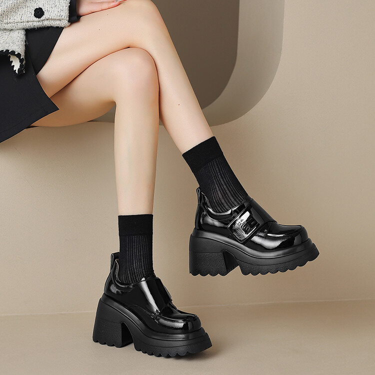 Women's Patent Leather Platform Rocker Shoes - Square Toe Lace-Up High Heel - Image 2
