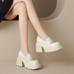 Women's Patent Platform Rocker Shoes - Chunky High Heel Slip-On
