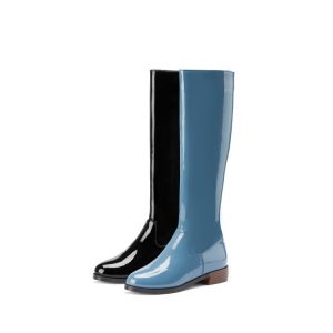 Women's Peacock Blue and Black Round Toe Knee High Riding Boots with Back Zip
