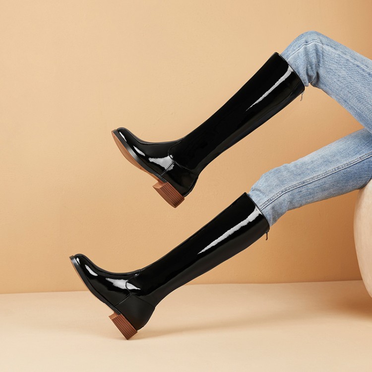 Women's Peacock Blue and Black Round Toe Knee High Riding Boots with Back Zip - Image 2