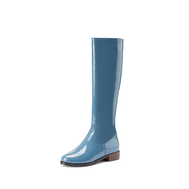 Women's Peacock Blue and Black Round Toe Knee High Riding Boots with Back Zip - Image 3
