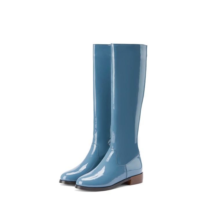 Women's Peacock Blue and Black Round Toe Knee High Riding Boots with Back Zip - Image 5