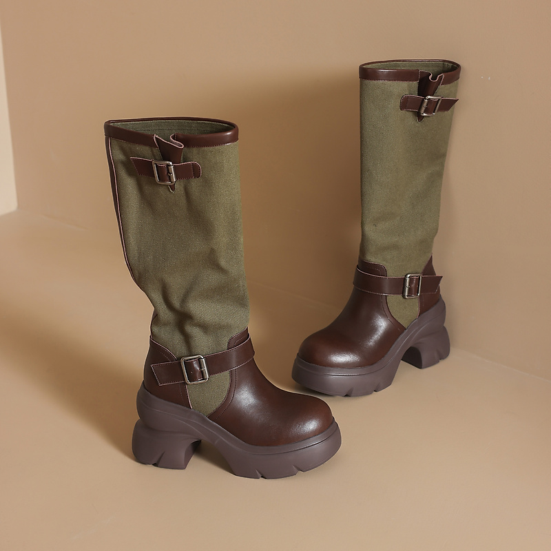 Women's Retro Western Boots with Chunky High Heel and Buckle Detail - Image 4