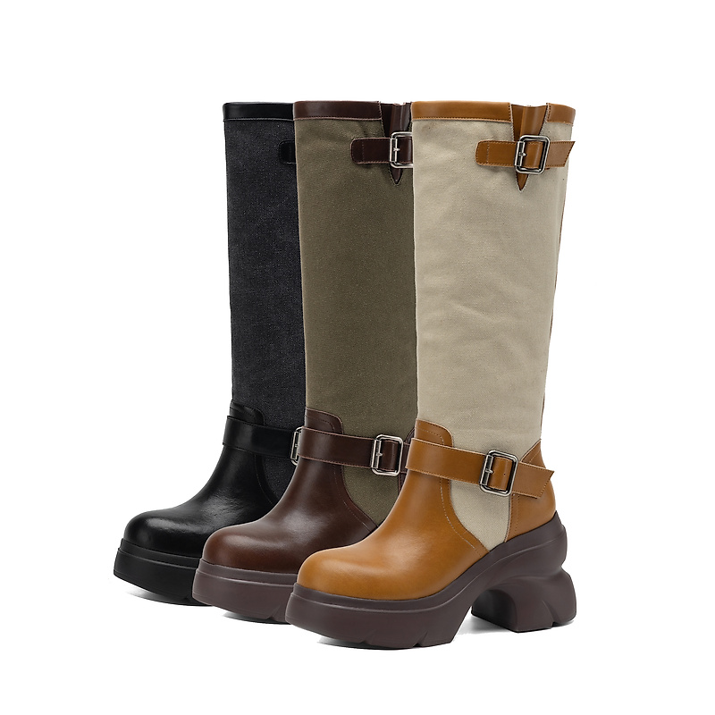 Women's Retro Western Boots with Chunky High Heel and Buckle Detail - Image 5