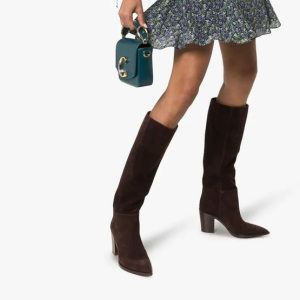 Women's Suede Pointed Toe Chunky Mid Heel Long Boots