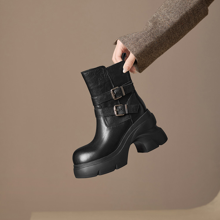 Women's Western Boots in Top Grain Leather with Chunky Heel and Belt Buckle Detail
