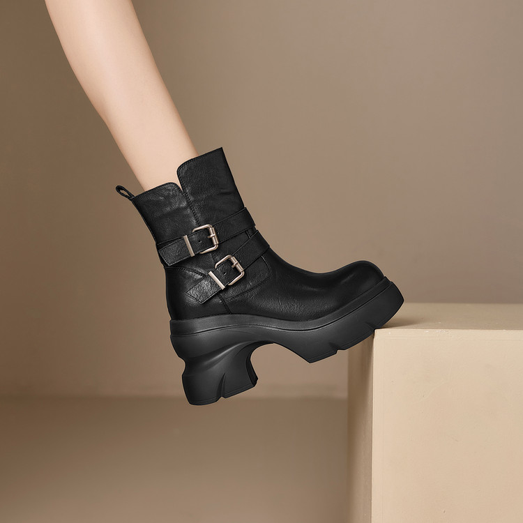 Women's Western Boots in Top Grain Leather with Chunky Heel and Belt Buckle Detail - Image 3
